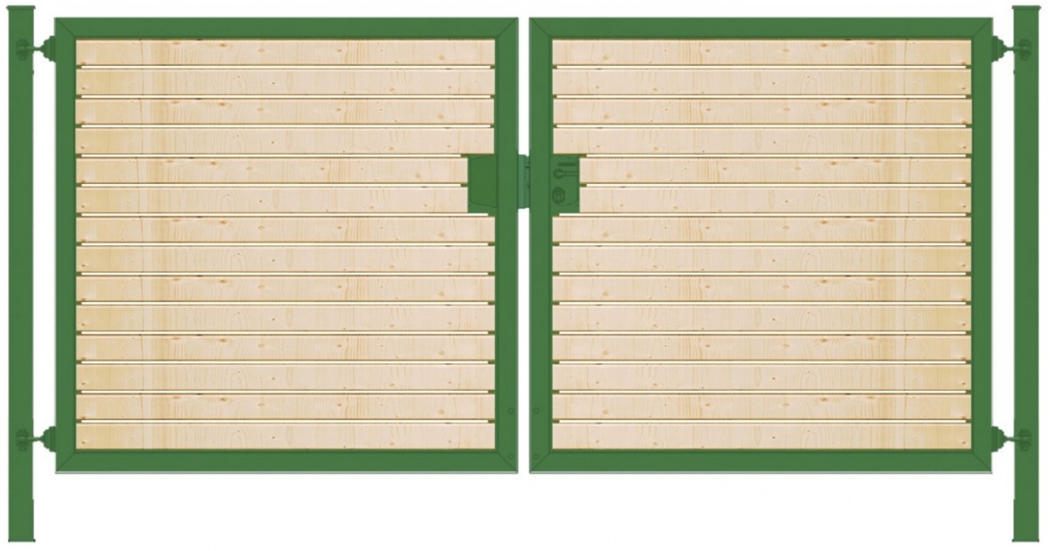 Elektrisches Einfahrtstor Premium-Line (2-flügelig) mit Holzfüllung waagerecht symmetrisch grün B: 400 cm H: 160 cm Bild 1