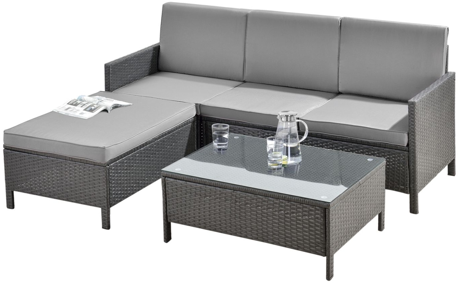 DELUKE® Gartenmöbel Set Polyrattan SEORA - 3-tlg. Grau Gartenlounge Set Sofa Hocker und Tisch Outdoor-Möbel Sitzgruppe Garten mit Tisch Bild 1