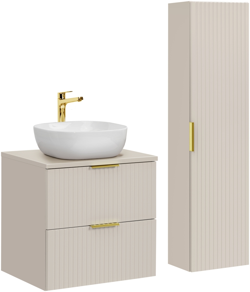 ADEL CASHMERE Badmöbel-Set 60 cm mit einer Waschtischplatte, 1 Smile-Aufsatzwaschbecken und einem Hochschrank (46x60cm), Kaschmir matt Bild 1