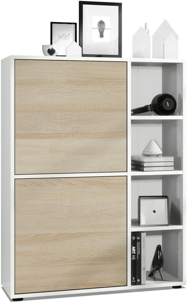 Highboard Schrank Anrichte Cuba mit 8 Fächern, Korpus in Weiß matt / Fronten in Eiche sägerau Bild 1