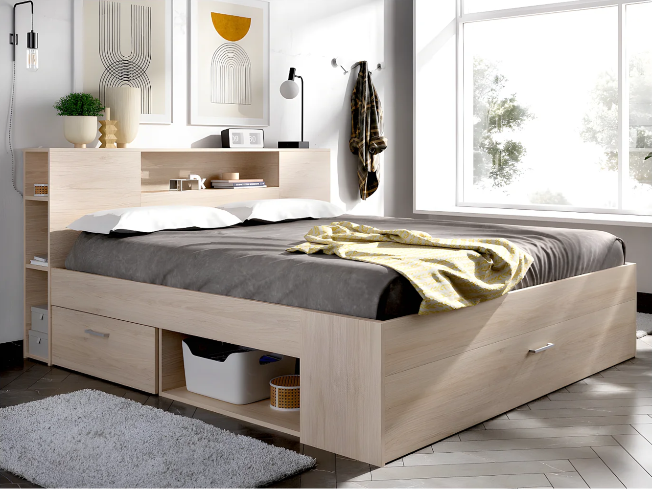 Vente-unique - Bett mit Kopfteil, Stauraum & Schubladen + Lattenrost + Matratze - 140 x 190 cm - Naturfarben - LEANDRE Bild 1