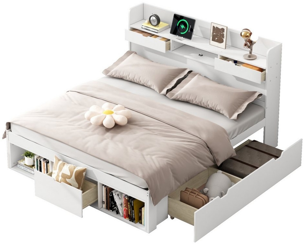 Odikalo Jugendbett Kinderbett Einzelbett Schubladen Stauschrank ohne Matratze weiß Bild 1