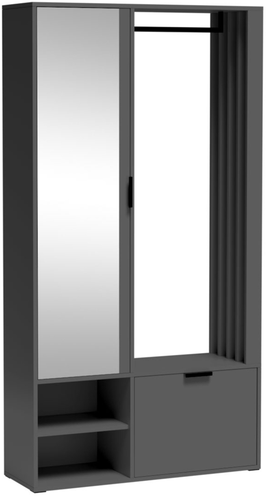 MEBLINI Garderobenschrank Flur mit Spiegel - MILANO UNI - 100x33x190cm R/L - Graphit - Garderobe Schrank - Flurgarderobe schmal - Garderobe Flur Möbel Set - Flurschrank hoch Bild 1