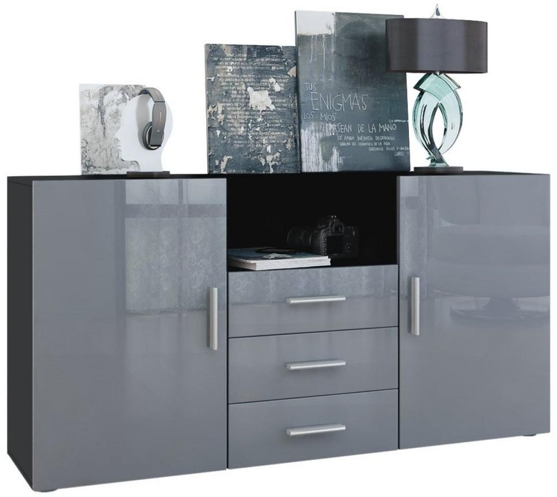 Vladon Sideboard Skadu, Kommode mit 2 Türen, 3 Schubladen und 1 offenem Fach, Schwarz matt/Grau Hochglanz (138,5 x 71,5 x 35 cm) Bild 1