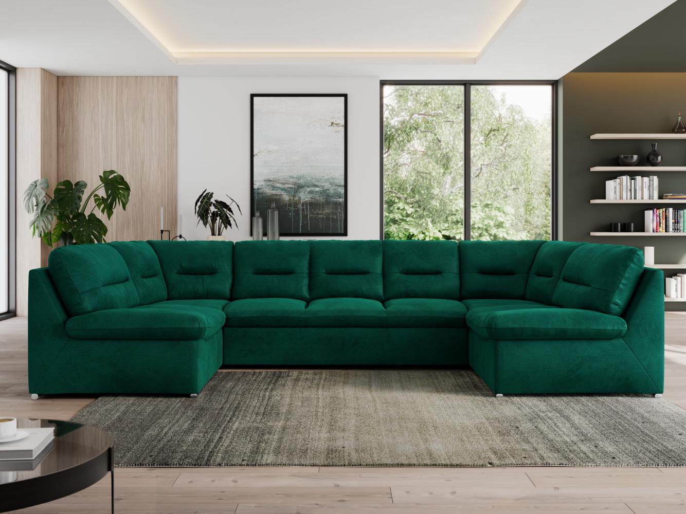 U-förmige Ecksofa, Bigsofa mit schlaffunktion, Wohnlandschaft XXL - MORBIDO U - Dunkelgrün Velours Bild 1