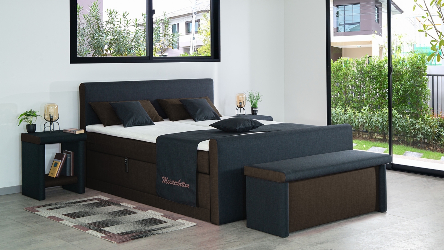 Meisterbetten Boxspringbett Amos 140x220 in W-Dark Brown in W-Black, Matratzenbezug Nano, Ergoflex-Topper, mit Fussteil Bild 1