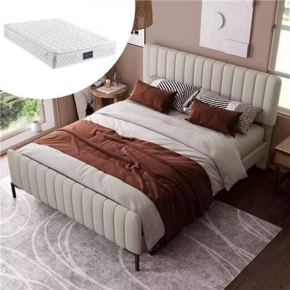 BlingBin Einzelbett Polsterbett Doppelbett (1-tlg, mit Lattenrost, Grau-Beige), Verstellbares Kopfteil,Mit Matratze,140 x 200 cm Bild 1