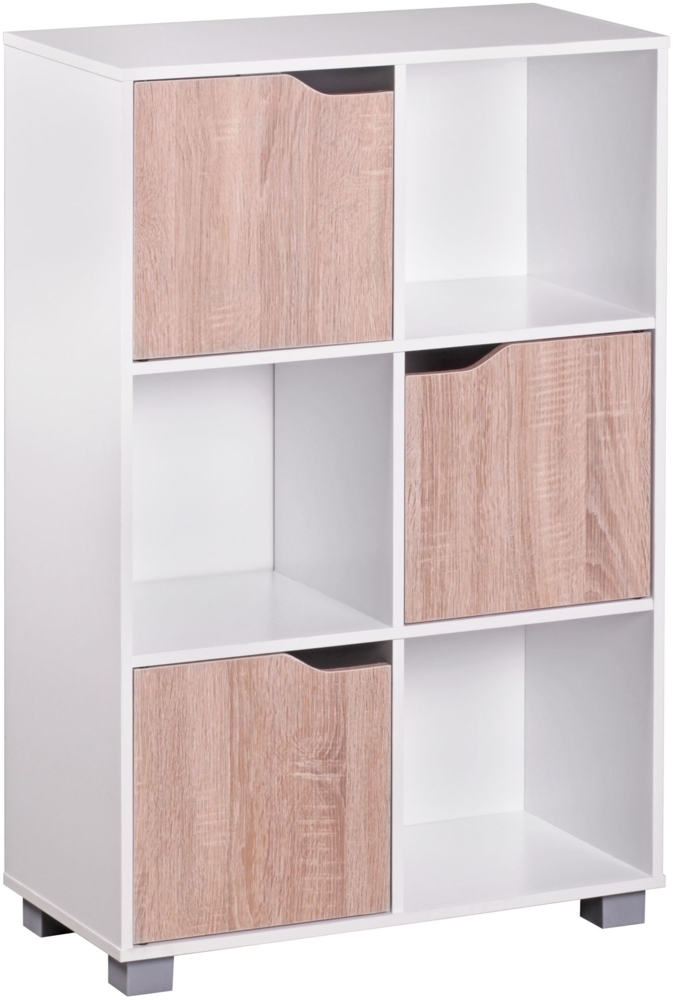 Design Bücherregal MASSA Modern Holz Weiß mit Türen geschlossen Sonoma Eiche Standregal freistehend 6 Fächer 60 cm Breit x 90 cm Hoch x 30 cm Tief Freistehend Büroregal klein Holzregal Bild 1