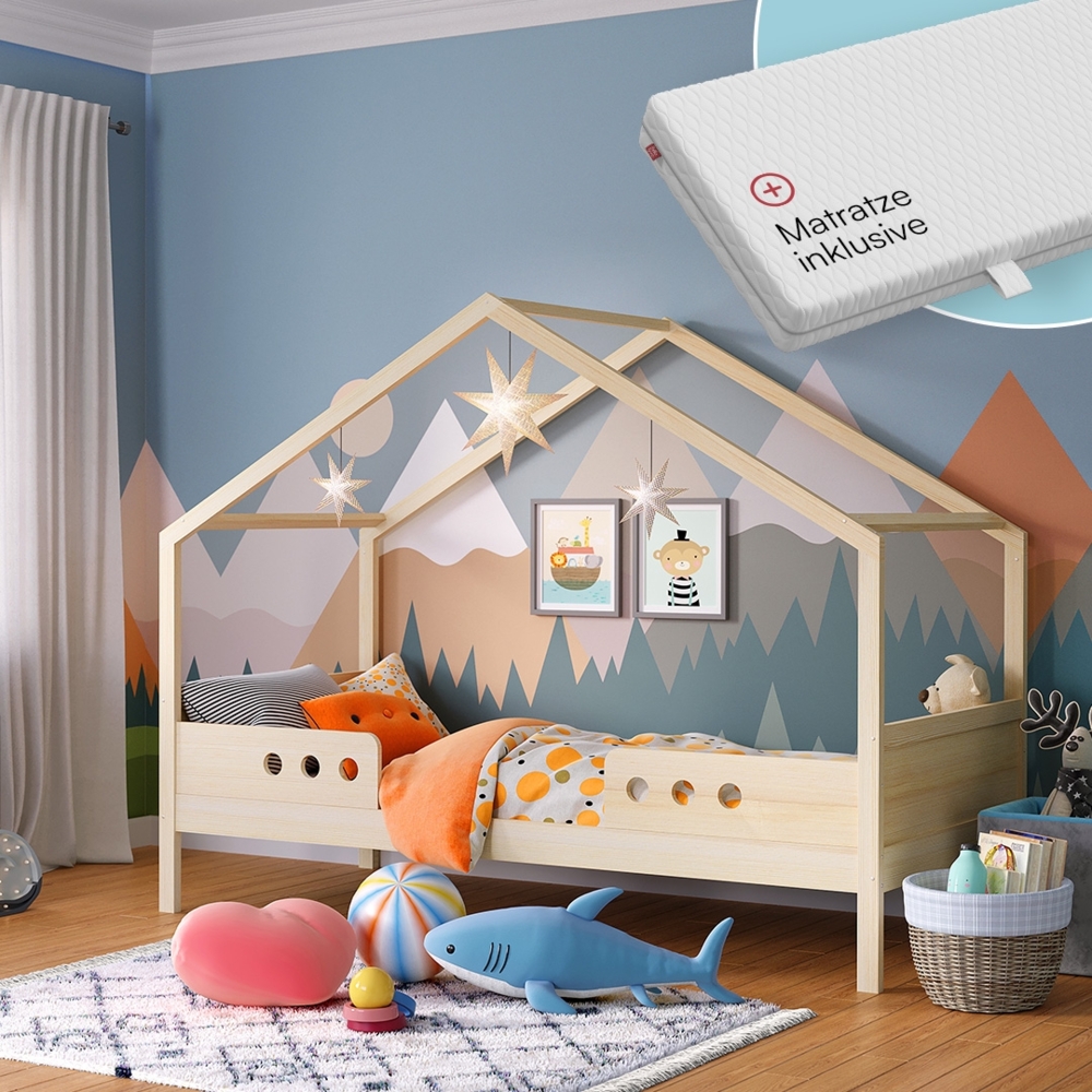 Bellabino 'Bela' Hausbett 90x200 cm mit Matratze, natur, Kiefer Massivholz, Montessori Kinderbett mit Rausfallschutz und Lattenrost Bild 1