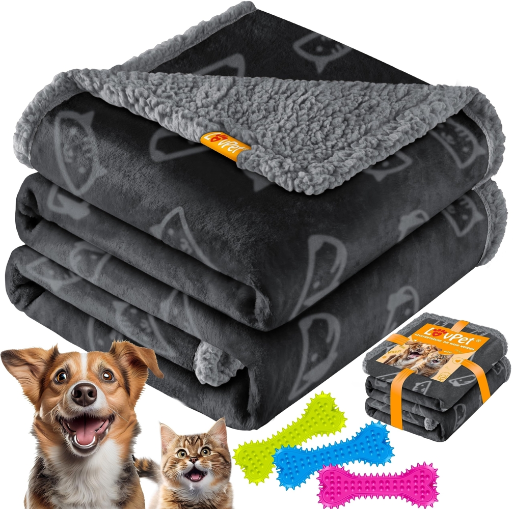 Lovpet® wasserdichte Hundedecke, Fleece Haustier Decke Katzendecke + 3X Kauknochen, für Minihunde, Katzen, 73 x 63 cm, S, maschinenwaschbar, beidseitiger Sofabezug-Schutz Schwarz Bild 1