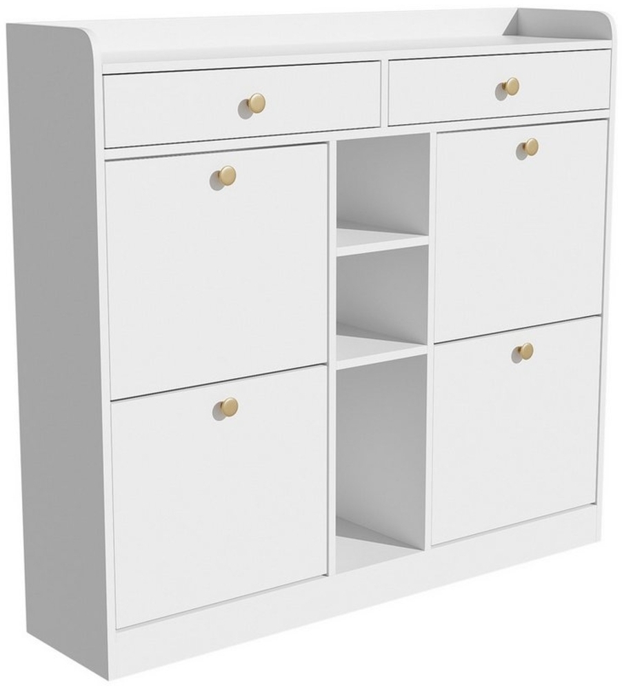 HAUSS SPOLE Schuhschrank mit 4 Klapptüren, 2 Schubladen, 3 offenen Fächern für Flure weiß (Schuhbank, Schuhregal, Schuhkommode, 1-St, mit 4 Klapptüren, 2 Schubladen, 3 offenen Fächern) 110 x 26 x 100 cm Bild 1