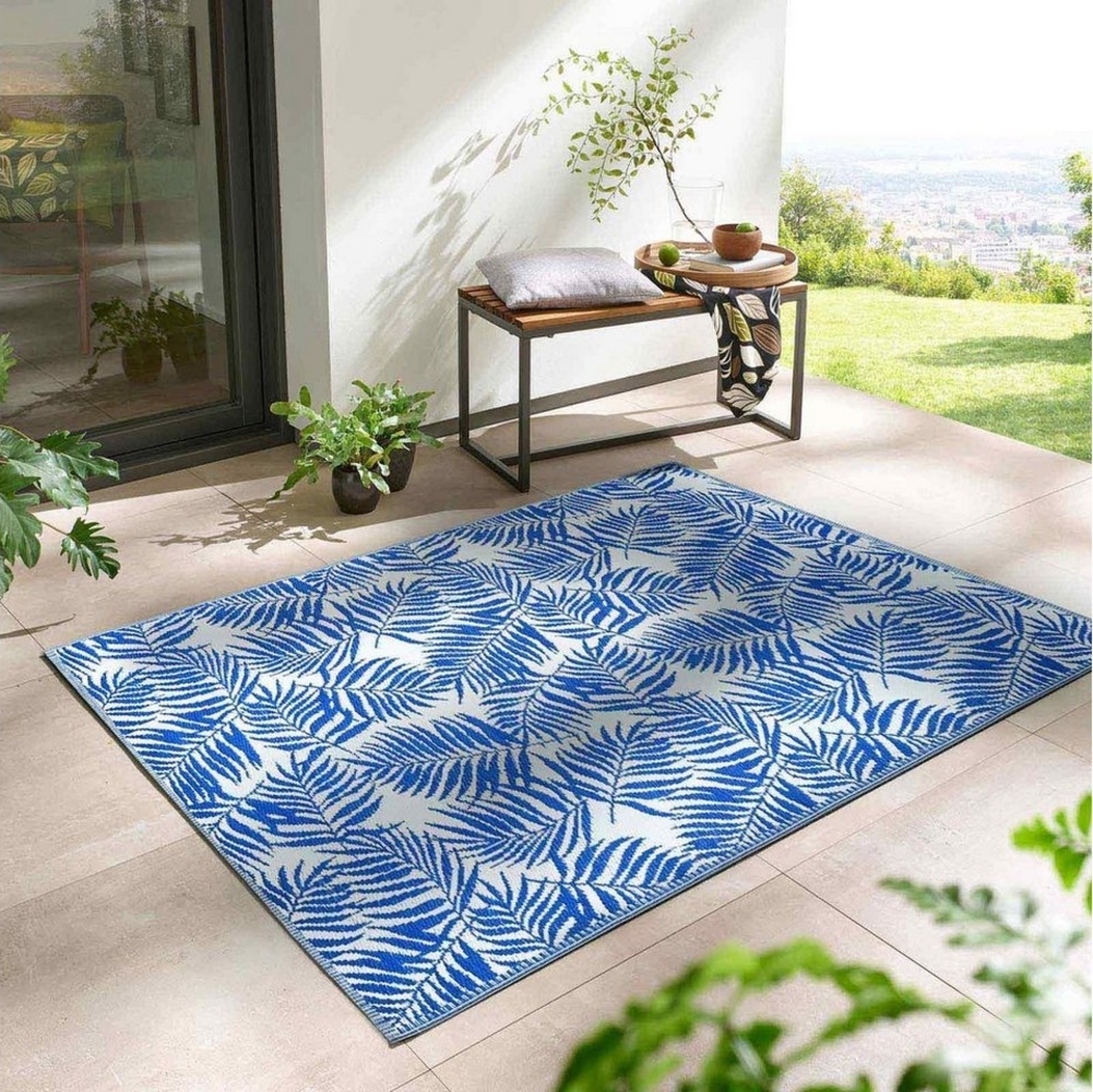 TaraCarpet Teppich TaraCarpet Outdoor Teppich Santa Monica wetterfest, rechteckig, Höhe: 3 mm, Kurzflor blau-weiß Blätter Balkon Garten Terrasse Camping 120x170 cm Bild 1