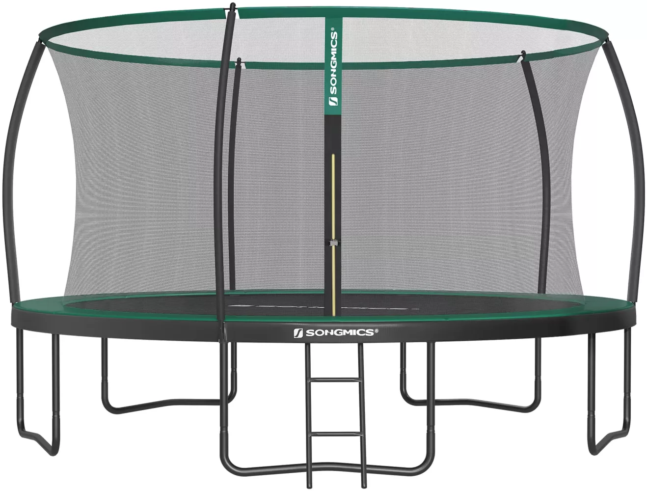 Trampolin Ø 427 cm, Gartentrampolin für Kinder mit Sicherheitsnetz, 180 cm hohe gebogene Stangen, Randabdeckung, Leiter, Stahlrahmen, TÜV Rheinland GS-Zertifikat, schwarz-dunkelgrün Bild 1