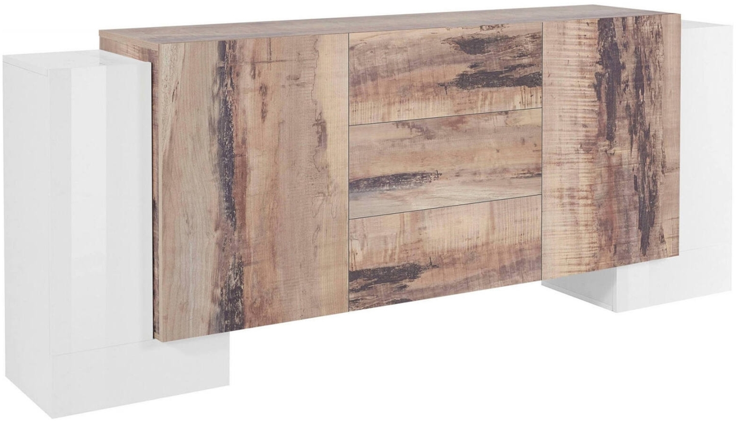 Dmora Kommode Alchemy, Küchen-Sideboard mit 2 Türen und 3 Schubladen, Wohnzimmer-Buffet, Küchen-Sideboard, 100 % Made in Italy, 210 x 45 x 85 cm, glänzendes Weiß und Ahorn Bild 1