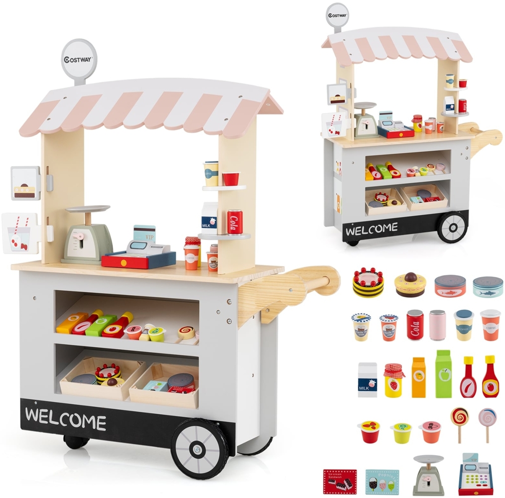 Kinder Lebensmittelwagen aus Holz auf 3 Rädern mit Kasse Foodtruck für Kinder ab 3 J. Grau Bild 1