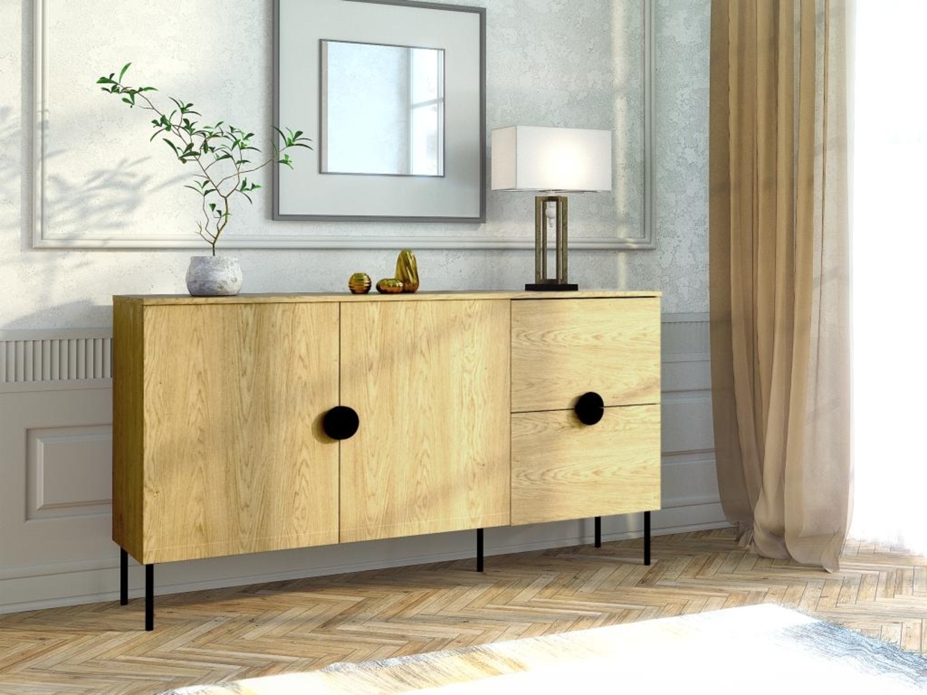 Vente-unique - Sideboard mit 2 Türen & 2 Schubladen - Holzfarben & Schwarz - NATANIEL Bild 1