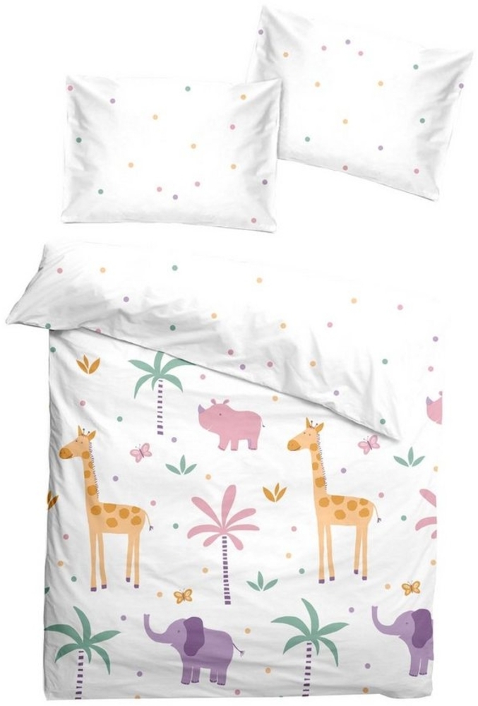 soma Babybettwäsche Renforcé Baby Wende-Bettwäsche 100x135 cm – Safari weiß / Punkte bunt, Renforcé, 2 teilig, Safari-Motiv aus reiner Baumwolle warme winter weihnachtsbettwäsche Bild 1