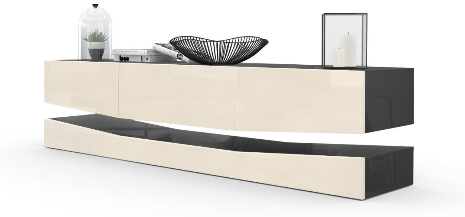Vladon Lowboard City, TV-Kommode mit Sockelelement, 1 offenem Fach und 3 Schubkästen, Schwarz Hochglanz/Creme Hochglanz (178 x variabel x 39 cm) Bild 1