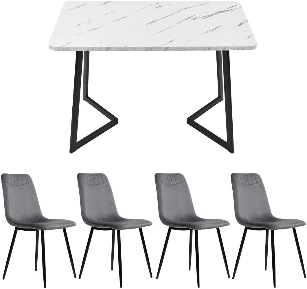 Merax Essgruppe 117×68cm Esstisch mit 4 Stühlen, (Set, 5-tlg), weißer MDF-Tischplatte mit Marmoroptik, Samt, grau Bild 1