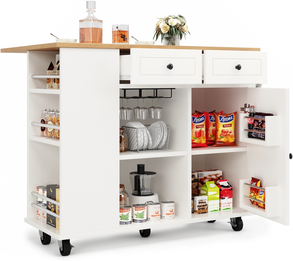 Kücheninsel 120x42/76x91,5 cm, klappbarer Servierwagen mit Arbeitsplatte in Holzoptik, Weiß Bild 1
