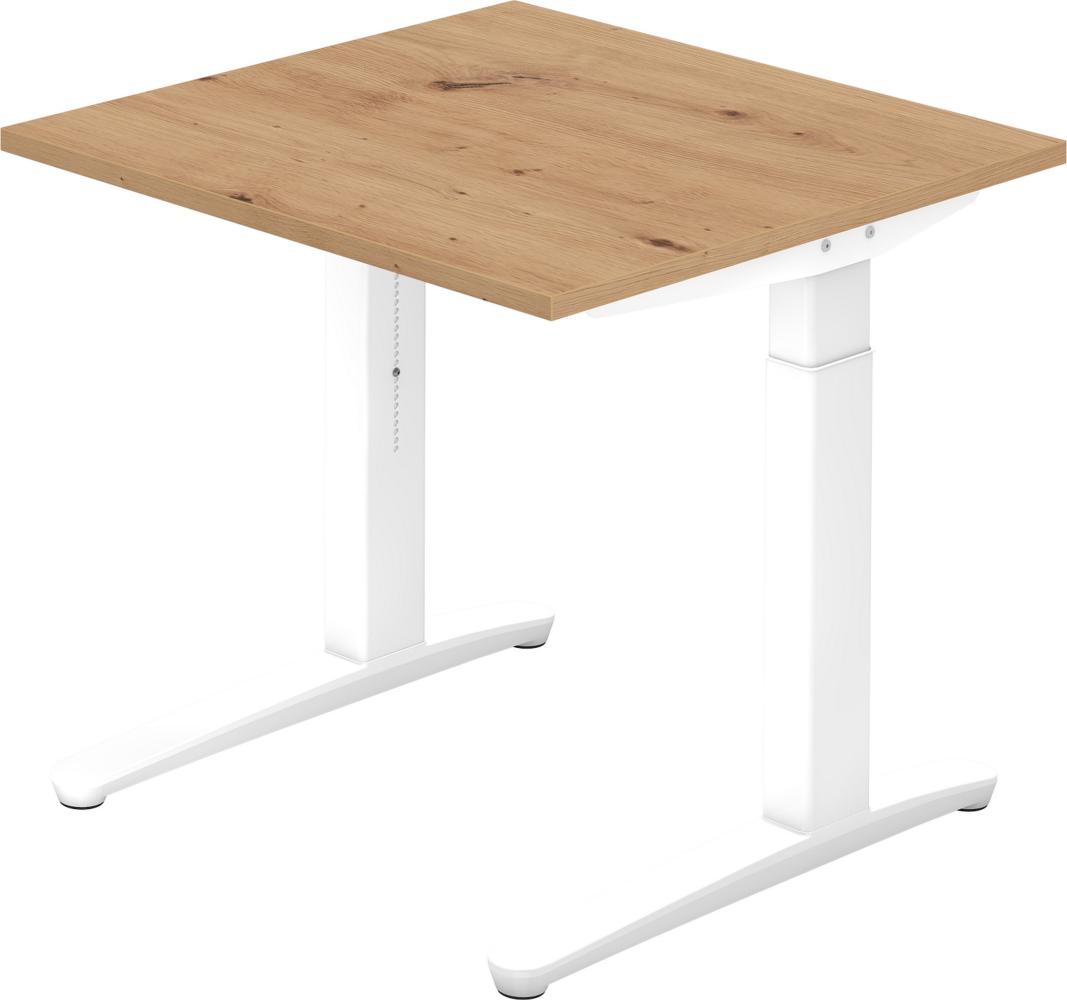 bümö® Design Schreibtisch XB-Serie höhenverstellbar, Tischplatte 80 x 80 cm in Asteiche, Gestell in weiß Bild 1