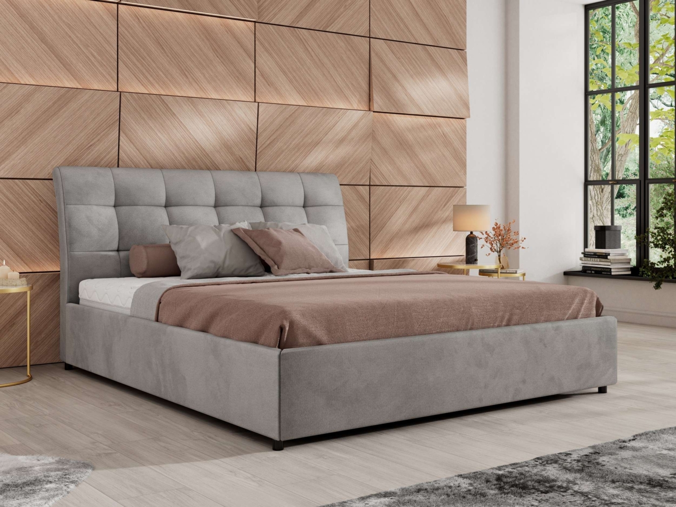 Polsterbett mit Lattenrost Gasfeder Doppelbett GALA CLASSIC gepolstert Kopfteil Bettkasten Multipocket Matratze - 160x200 cm - Hellgrau Velvet - ELORI LUX Bild 1