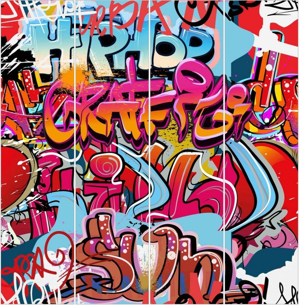 Bilderdepot24 Schiebegardine modern Flächenvorhang blickdicht HipHop Graffiti, (4 St), halbtransparent, Kinderzimmer große Flächengardine lichtdurchlässig als Klemm-System Bild 1
