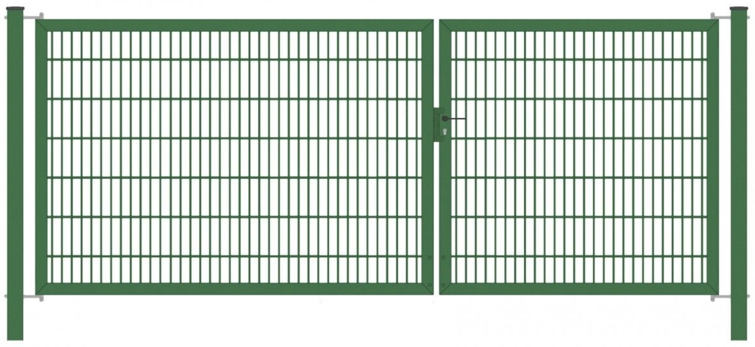 Gartentor Classic Strong (2-flügelig) asymmetrisch Grün 6/5/6 mm Doppelstabmatte Breite 350 cm Höhe 200 cm Bild 1