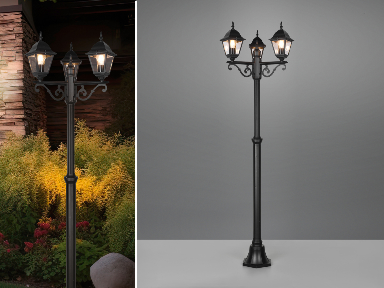 LED Mastleuchte 3-flammige Laterne, Aluminium Schwarz Höhe 200cm Bild 1