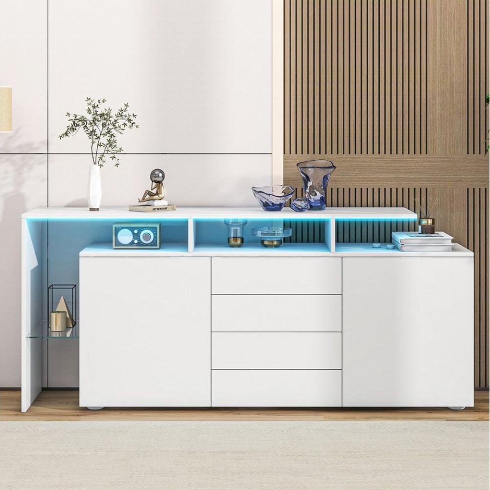 MODFU Sideboard Kommode mit 16 Farben LED-Beleuchtung (TV-Schrank, Lowboard Fernsehtisch mit Glasablagen), hochglanz Bild 1