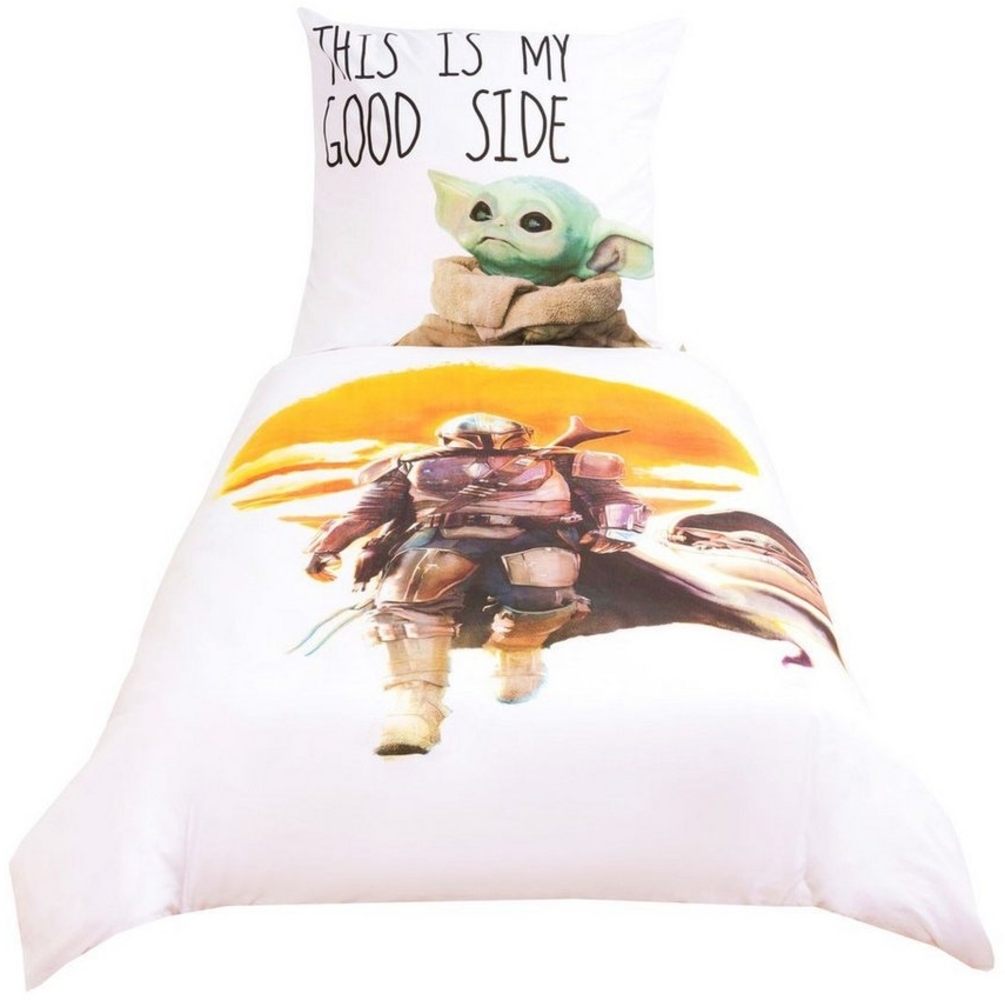 Carbotex Bettwäsche Mandalorian Grogu Baby Yoda Disney Star Wars 135x200cm, Renforcé, 2 teilig, Weiß/Gelb, mit Reißverschluss Bild 1