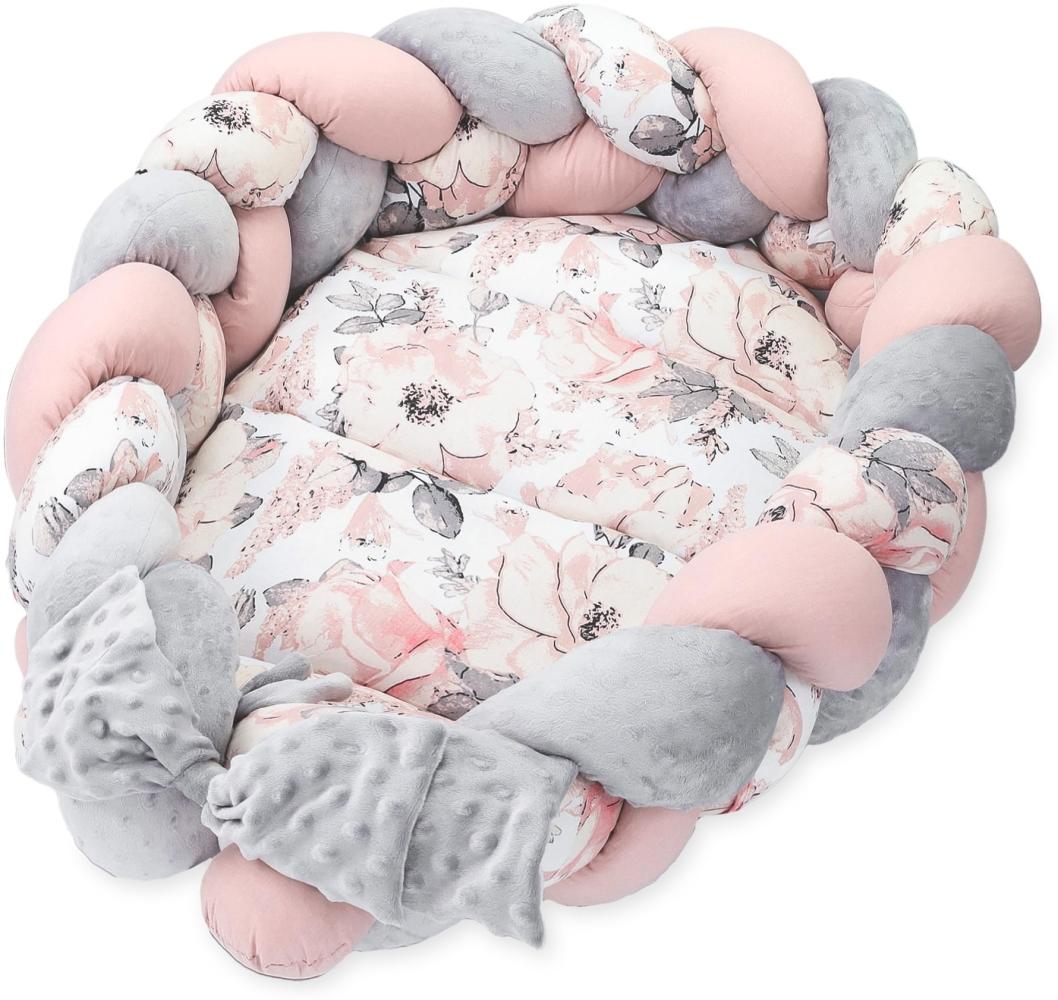 Babynest Neugeborene Nestchen Baby 75 x 45 cm – Minky Kuschelnest mit Zopf Kissen zerlegbares Set zweiseitig Babynestchen Babybett Wilde Rose Farbton B Bild 1