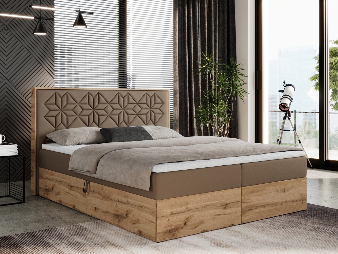 Boxspringbett mit Kopfteil und Topper, Polsterbett - NESSI - 120 x 200 cm - Braun Kunstleder - H3 - Topper Visco Bild 1