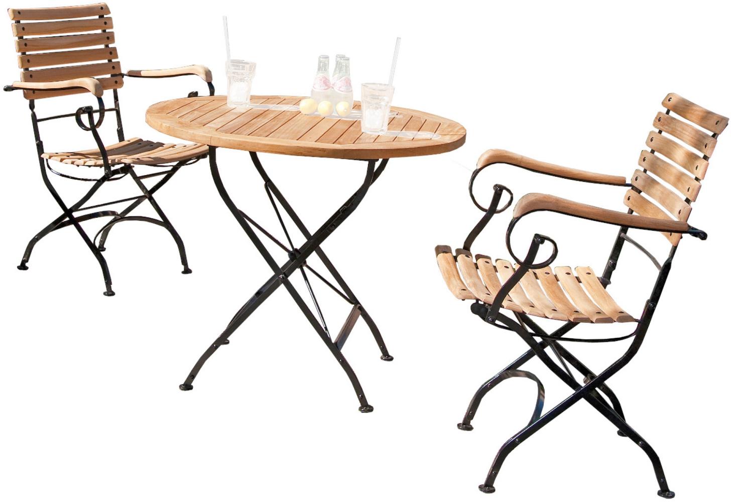 Sonnenpartner 3-teilige Sitzgruppe Oxford Ø 90 cm Teakholz und Eisen schwarz Gartentisch klappbar Bild 1