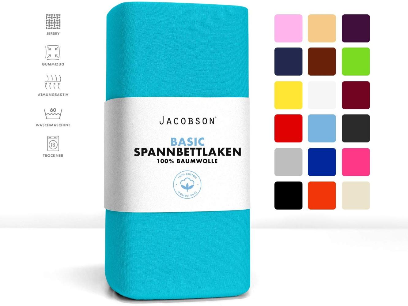 Jacobson Jersey Spannbettlaken Spannbetttuch Baumwolle Bettlaken (180x200-200x200 cm, Türkis) Bild 1