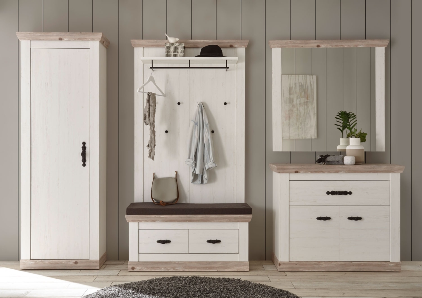 Garderobe Florenz 287cm pinie weiß oslo pinie Sitzbank Sitzkissen Kleiderschrank Bild 1