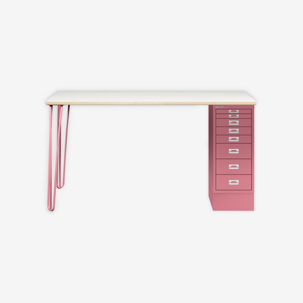 MultiDesk, 2 Stahlfüße, 1 MultiDrawer mit 8 Schüben, Dekor Plywood, Farbe Pink, Maße: H 740 x B 1400 x T 600 mm Bild 1