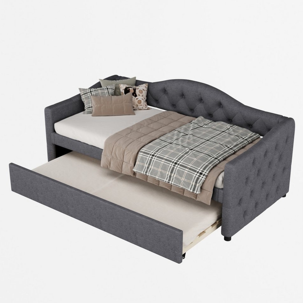 HAUSS SPLOE Polsterbett mit ausziehbarem Bett, Leinen, einfaches Styling, Grau Ohne Matratze (mit ausziehbarem Einzelbett, Leinen, minimalistisches Styling, 90x200 cm), ohne Matratze Bild 1