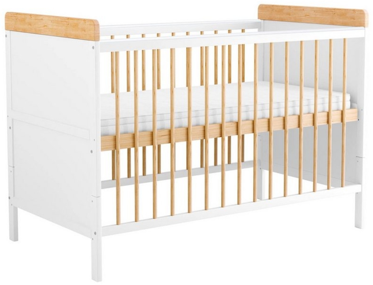 Baby-Delux Babybett Ella weiß natur, Kinderbett 60x120 cm höhenverstellbar, Kiefer mit Matratze Bild 1