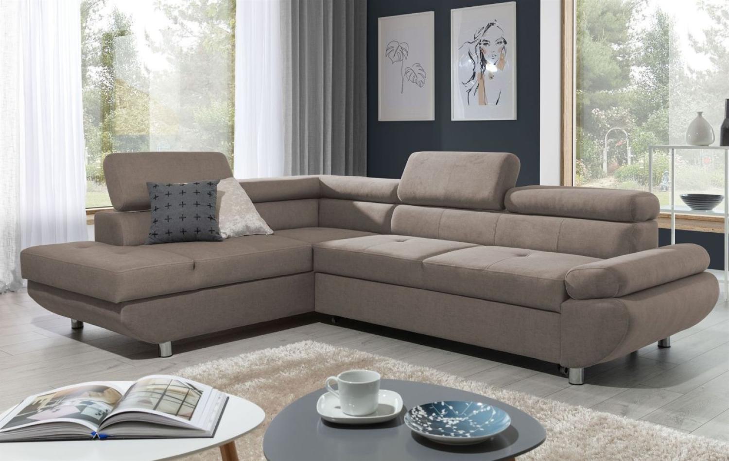 Ecksofa Sofa PANOS Stoff Esito Dunkelbeige mit Schlaffunktion Ottomane Links Bild 1