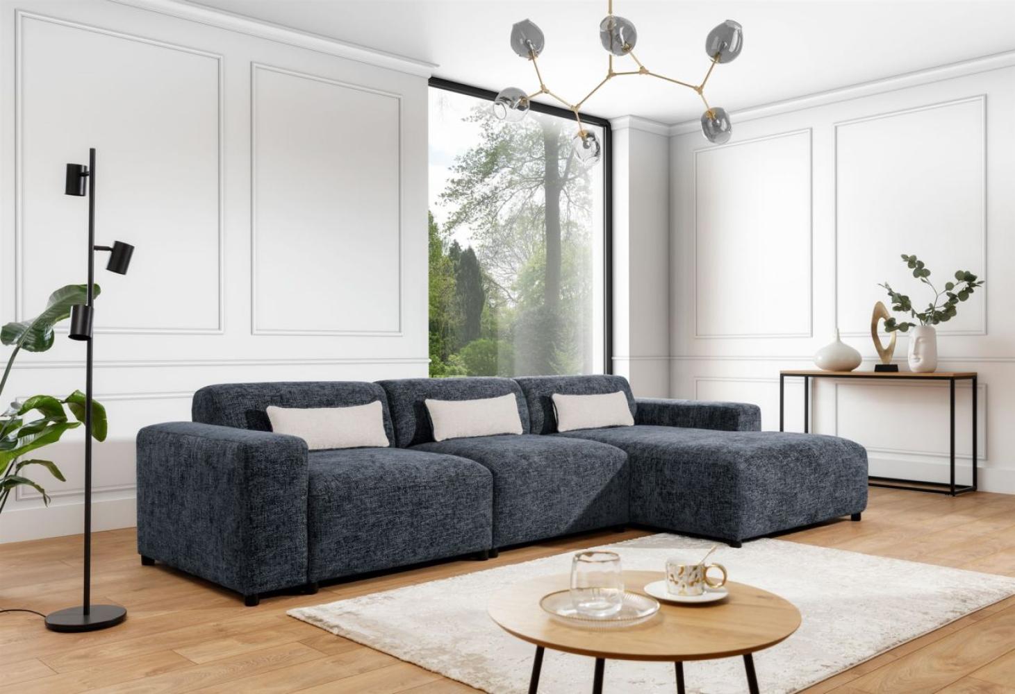 Ecksofa Designersofa ROMY MAX in Stoff Enjoy Me Blau Ottomane Rechts Bild 1