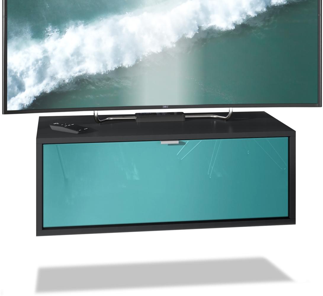 TV Board Lana 80 Hängeschrank Lowboard 80 x 29 x 37 cm, Korpus in Schwarz Matt, Fronten in Petrol Hochglanz Bild 1