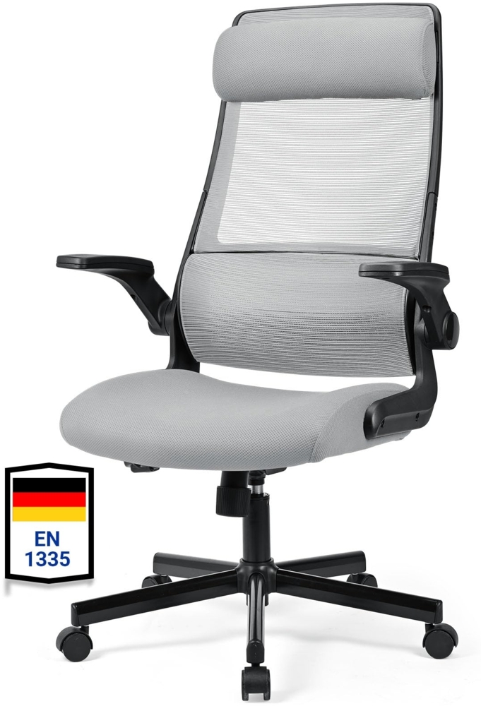 MELOKEA Bürostuhl Ergonomisch, Schreibtischstuhl aus Mesh mit Klappbare Armlehnen, Computer Drehstuhl mit Verstellbare Kopfstütze und Lendenwirbelstütze, Wippfunktion, Entspricht EN 1335 - Dunkelgrau Bild 1