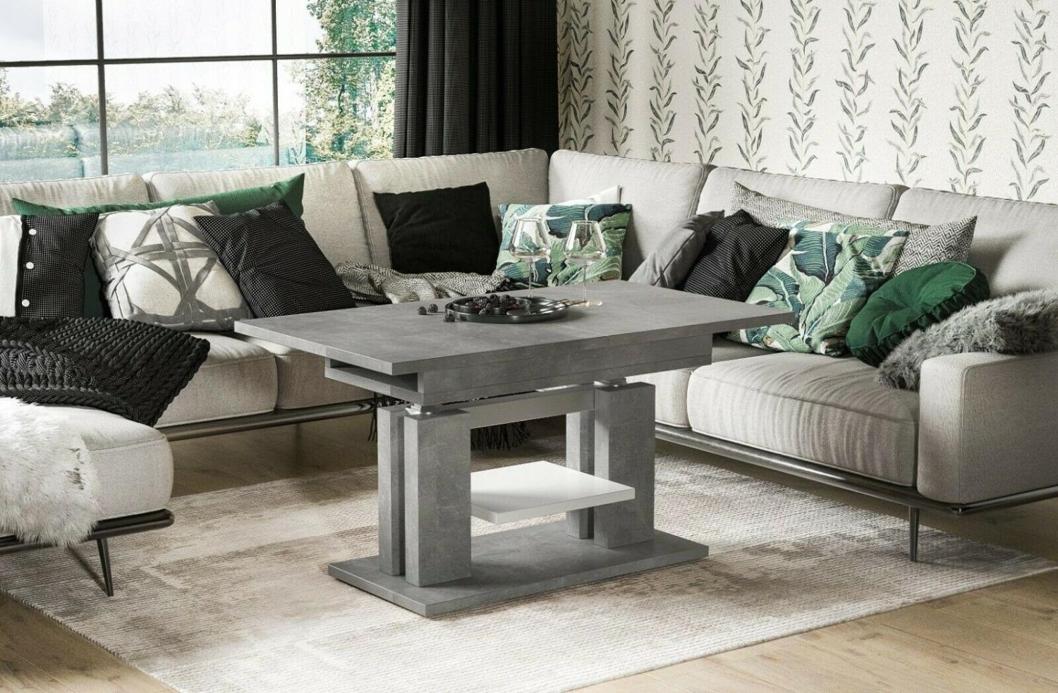 Endo-Möbel Couchtisch Iso 110-170cm Doppellift höhenverstellbar ausziehbar erweiterbar Funktionstisch (Beton) Bild 1