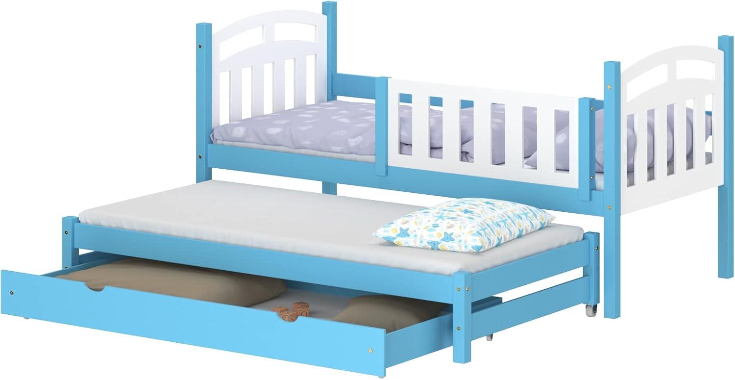 WNM Group Kinderbett Ausziehbar mit Rausfallschutz Suzie - aus Massivholz - Ausziehbett fr Mdchen und Jungen - Bett mit Schublade - Funktionsbett 190x80 / 180x80 cm - Blau Bild 1