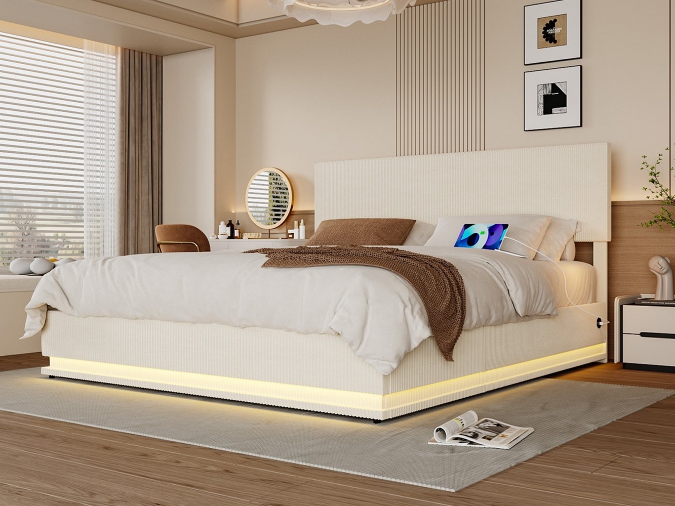 KLAM HOME Polsterbett Doppelbett Stauraumbett mit Stauraum 140/160/180x200 cm (mit LED-Bettrahmen und USB-Ladefunktion), Samt bettrahmen mit flachem Nudelrahmen Bild 1