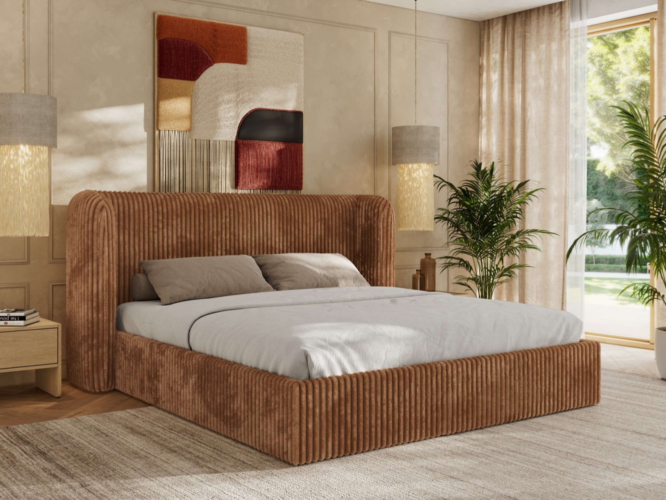 Polsterbett Bett mit Holzlattenrost Schlafzimmer Bett Doppelbett gepolstertes Kopfteil Foam Matratze - EMORA CLASSIC - 200x200 cm - Orange Cord - MIRO LUX Bild 1