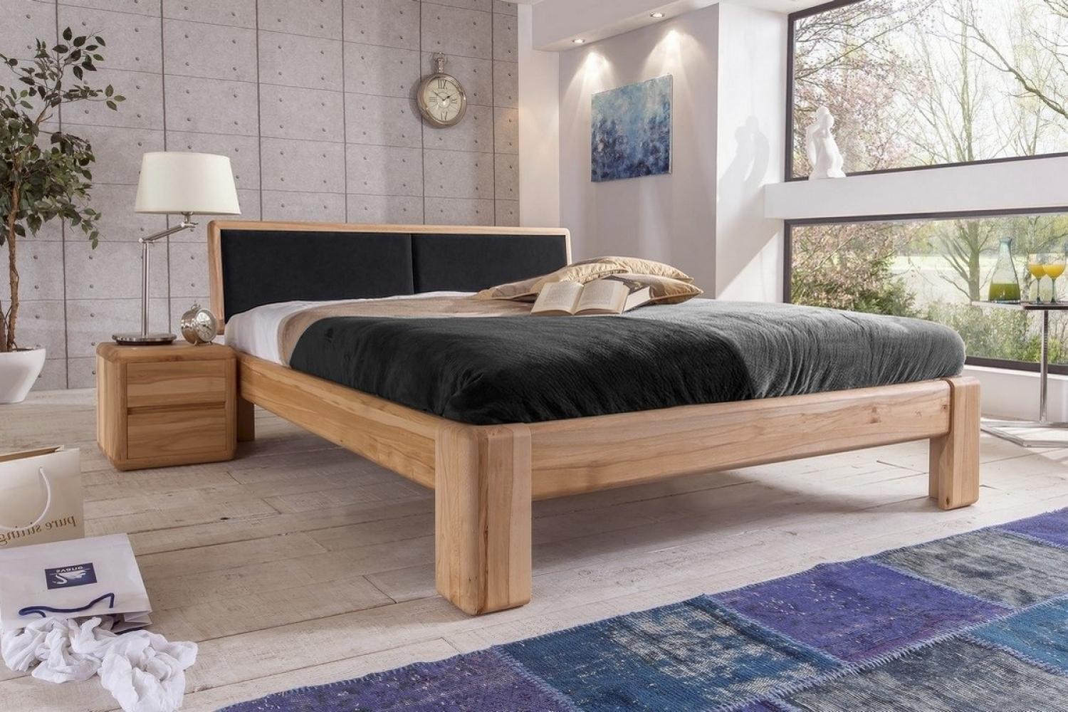 Doppelbett 200x200 cm Kernbuche massiv mit Polsterkopfteil schwarz Verona Bild 1