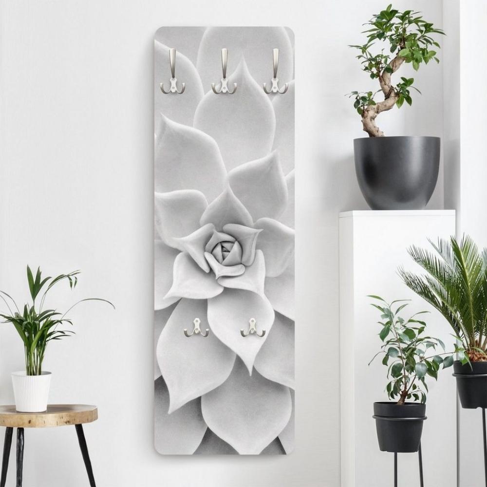 Bilderdepot24 Garderobenpaneel schwarz-weiß Blumen Floral Botanik Tropisch Kaktus Sukkulente (ausgefallenes Flur Wandpaneel mit Garderobenhaken Kleiderhaken hängend), moderne Wandgarderobe - Flurgarderobe im schmalen Hakenpaneel Design Bild 1