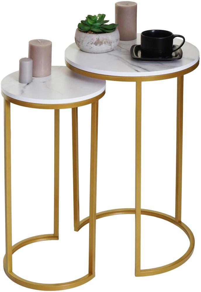 2er-Set Beistelltisch HWC-K46, Kaffeetisch Nachttisch Loungetisch, Marmor-Optik MDF ~ weiß-gold Bild 1